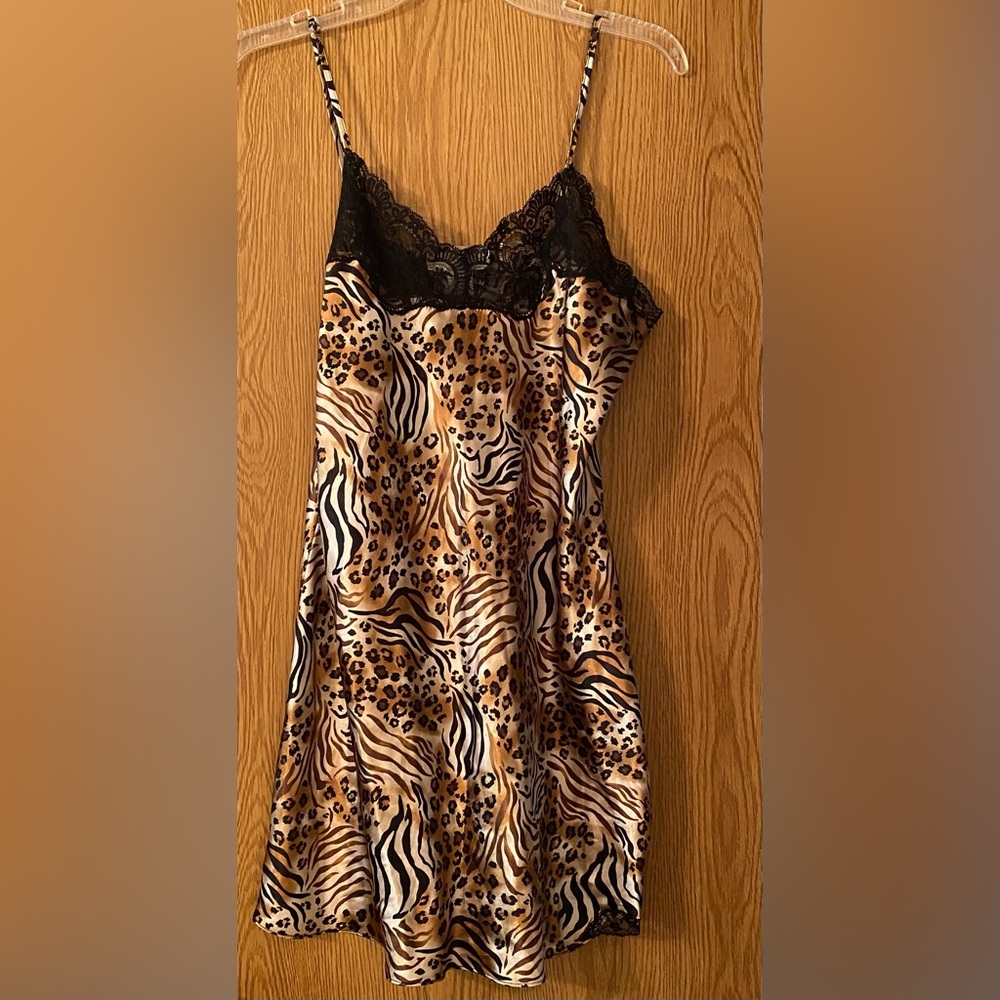 Leopard Print Satin Chemise with Black Lace